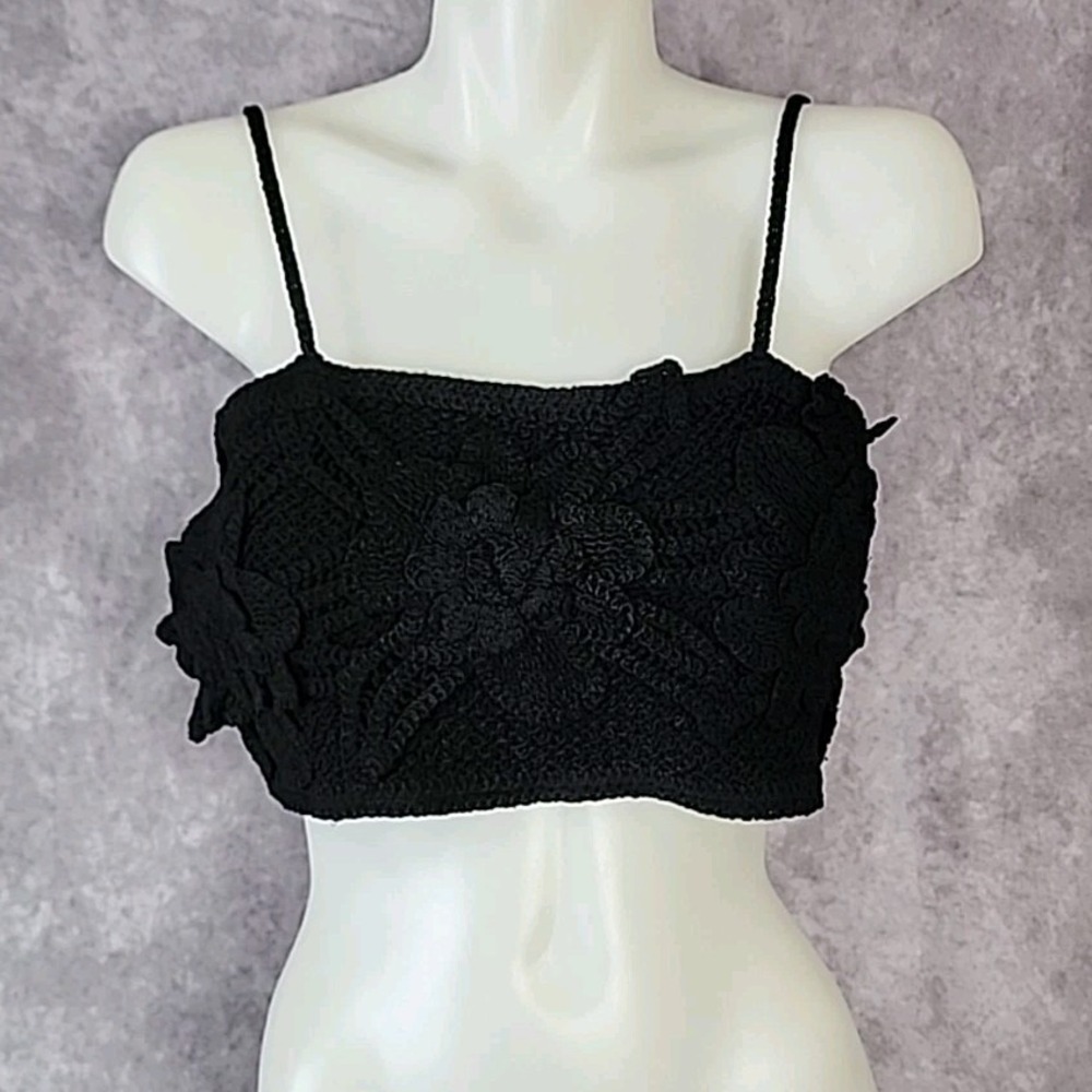 Miss Me Crochet Crop Top Women Medium Black 3D Floral Boho Festival MT2816T